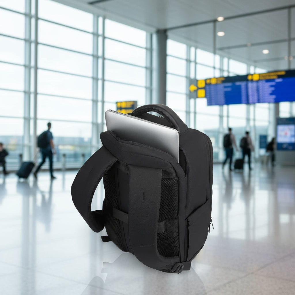 Black backpack with a laptop compartment on a white background