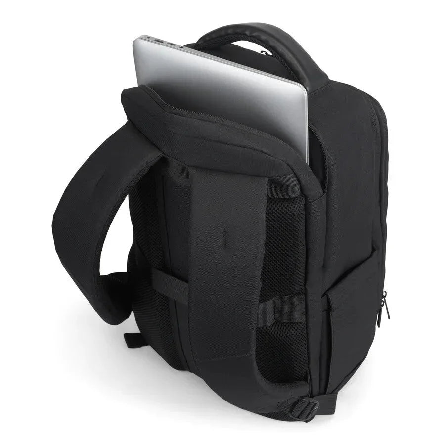Black backpack with a laptop compartment on a white background