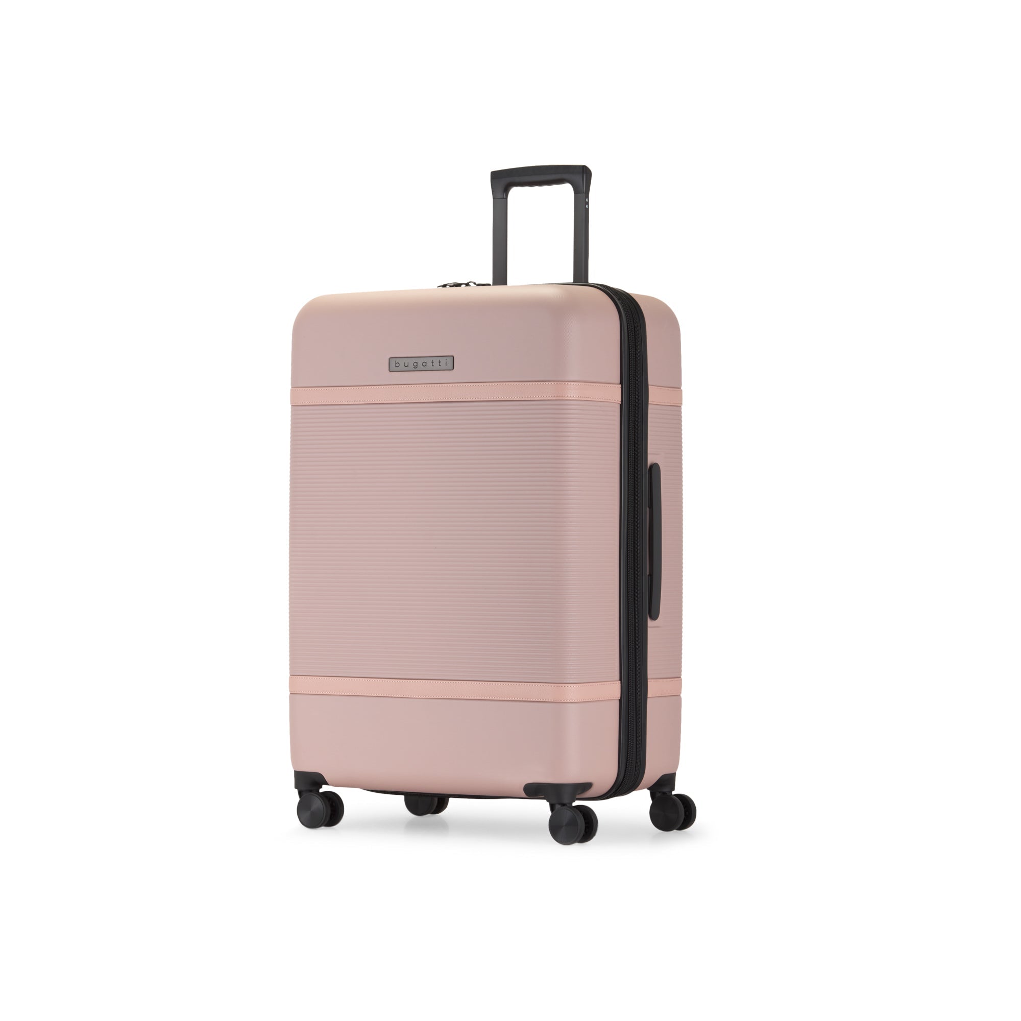 Pink suitcase with black accents on a white background
