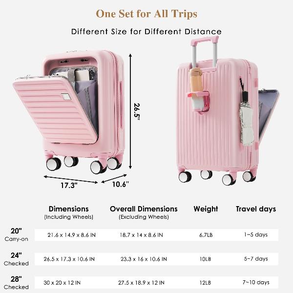 Pink Luggage Set of Three with USB Port with Open Front