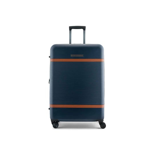Blue suitcase with a brown stripe on a white background