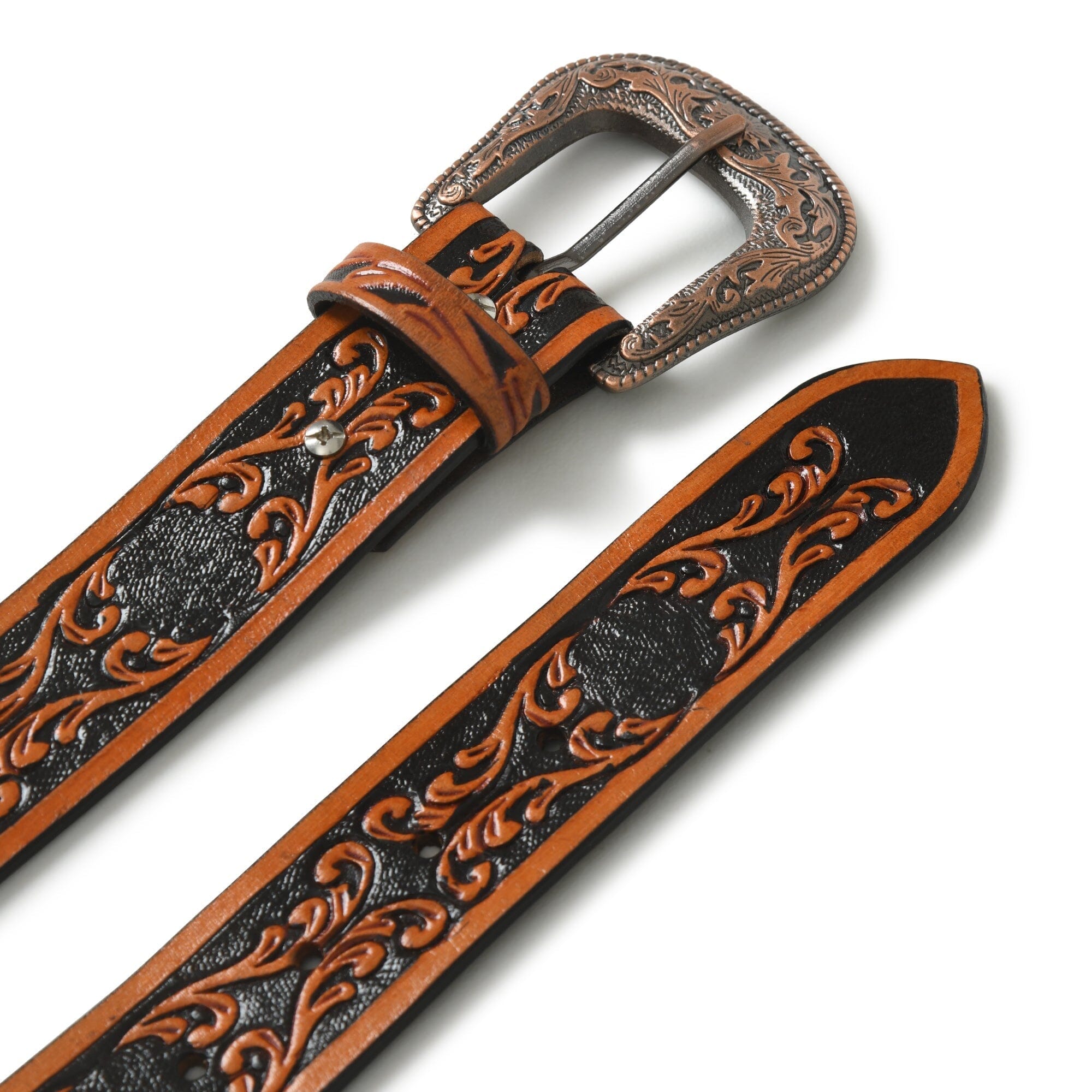Brown leather belt with intricate designs and a matching buckle on a white background