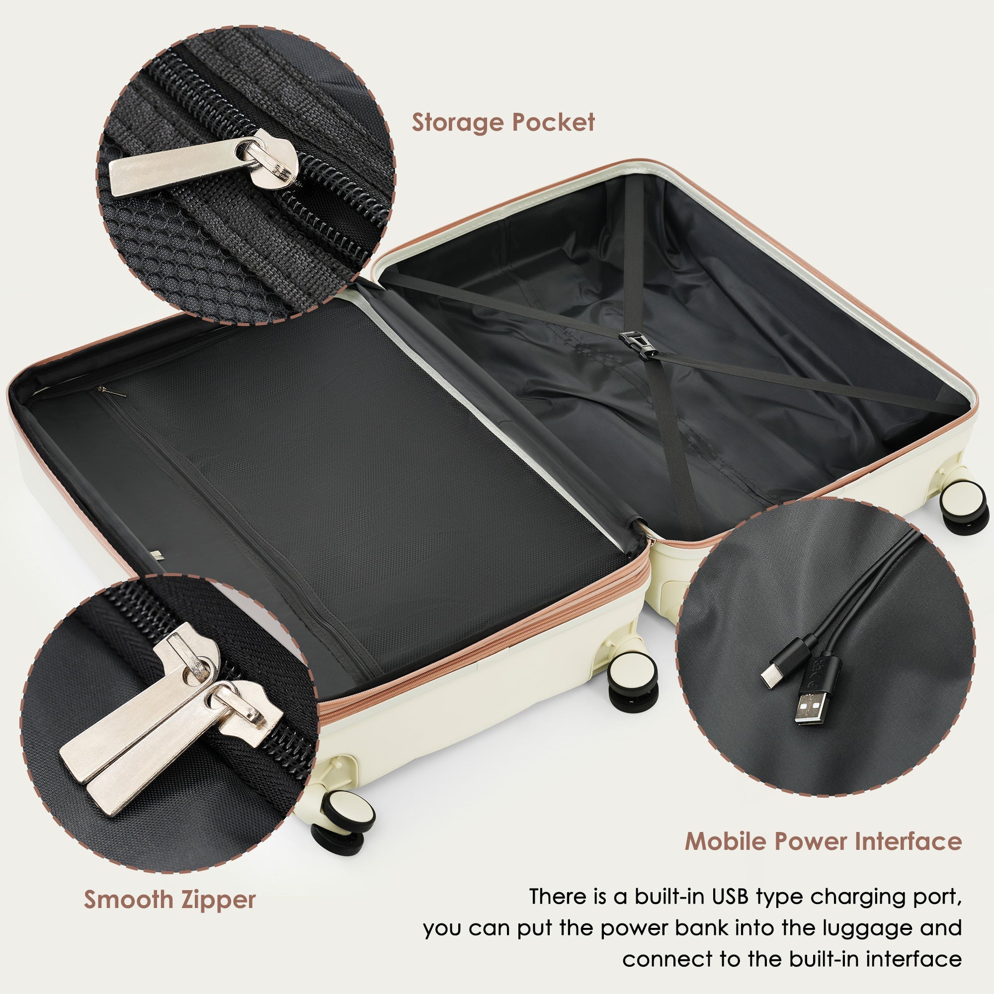 Expandable Four Piece Ivory ABS Durable Suitcase with Travel Bag