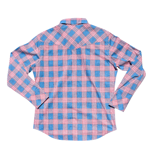 Plaid shirt with pink and blue pattern on a white background