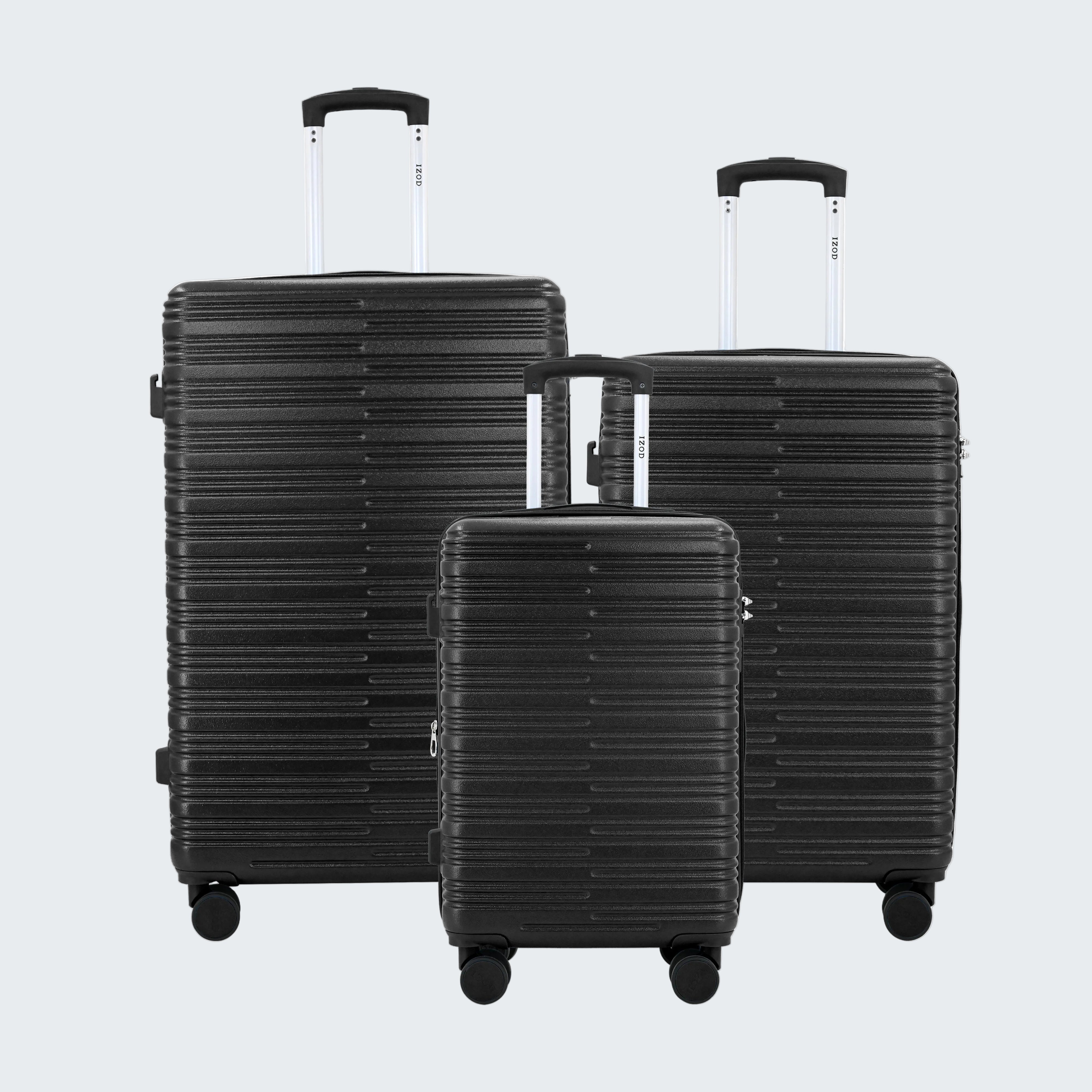 Set of three green suitcases of different sizes on a white background