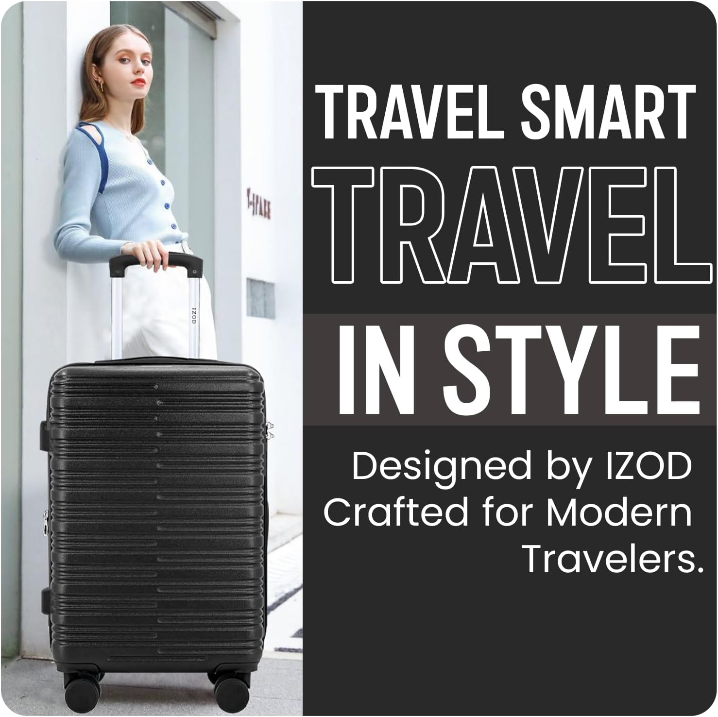 Woman with a black suitcase and promotional text for IZOD travel products.