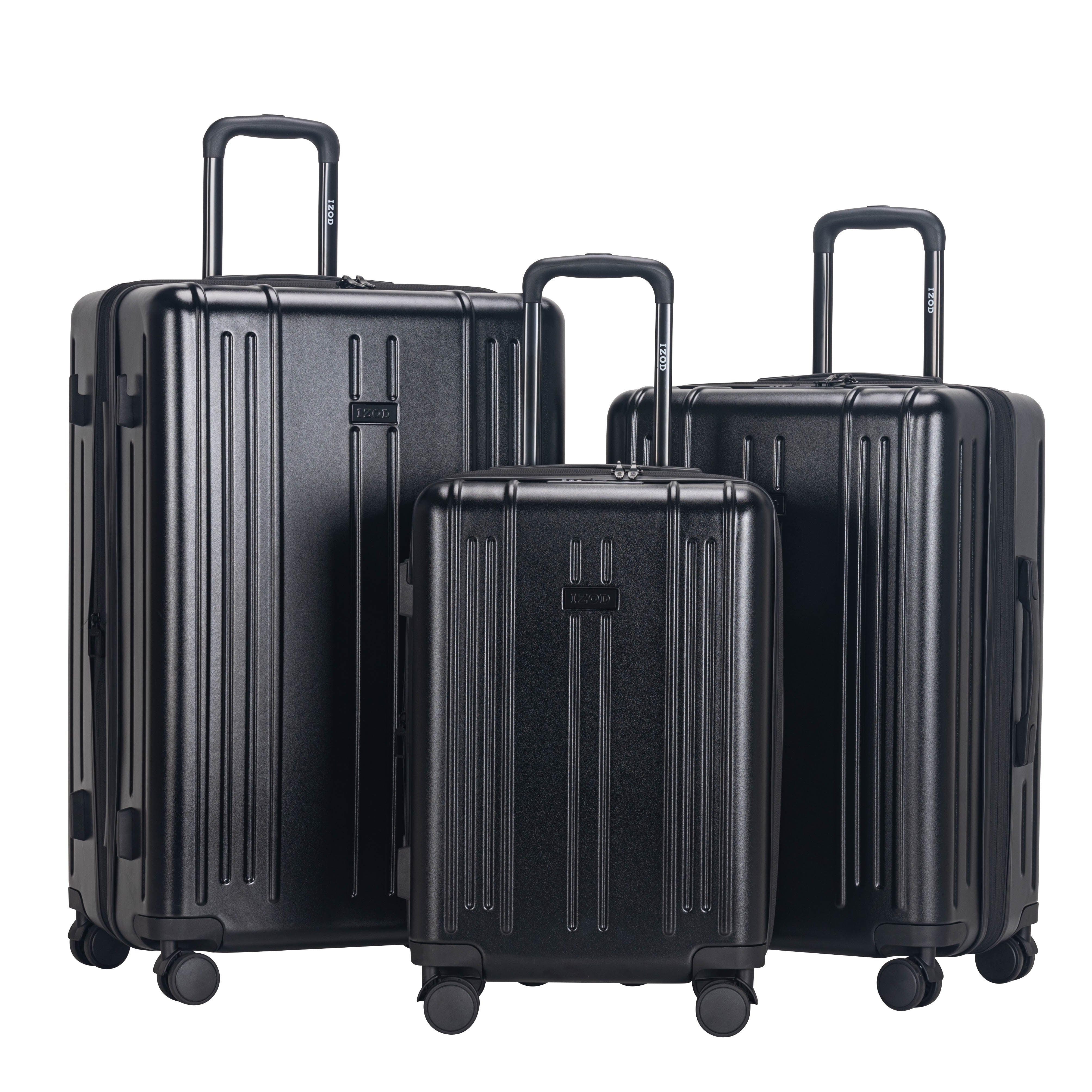 Three black suitcases of different sizes on a white background
