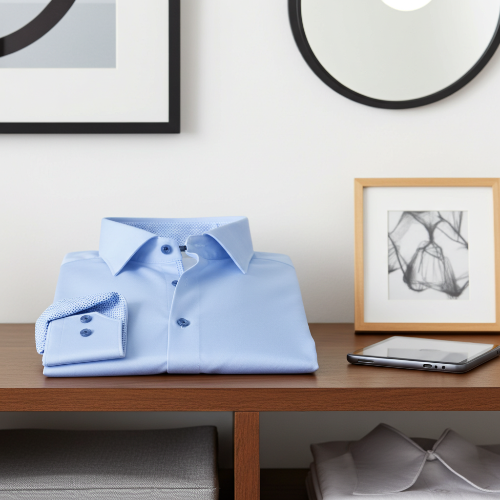 Light blue dress shirt on a wooden surface with framed pictures in the background