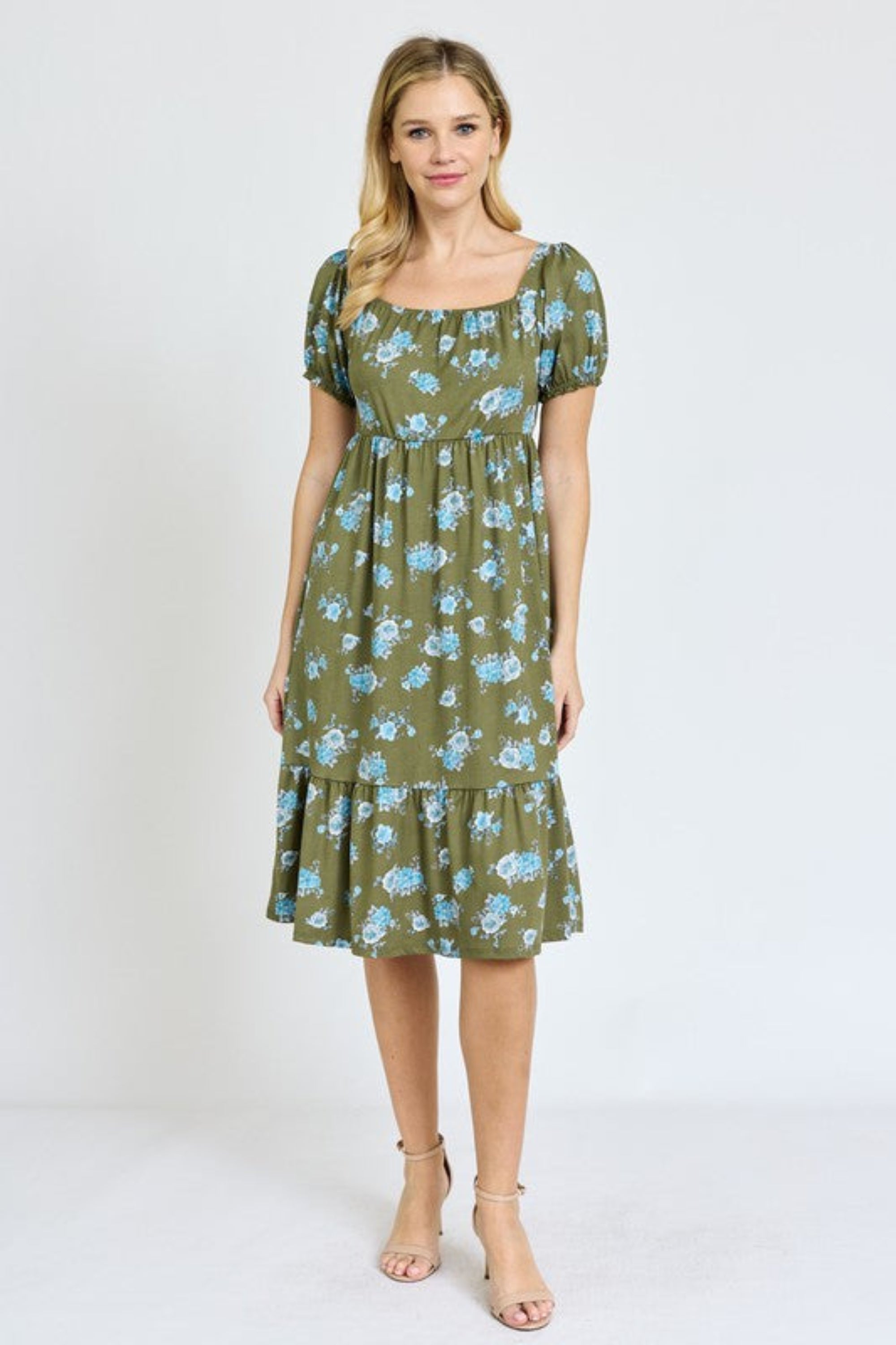 Floral Square Neck Puff Sleeve Boho Dress