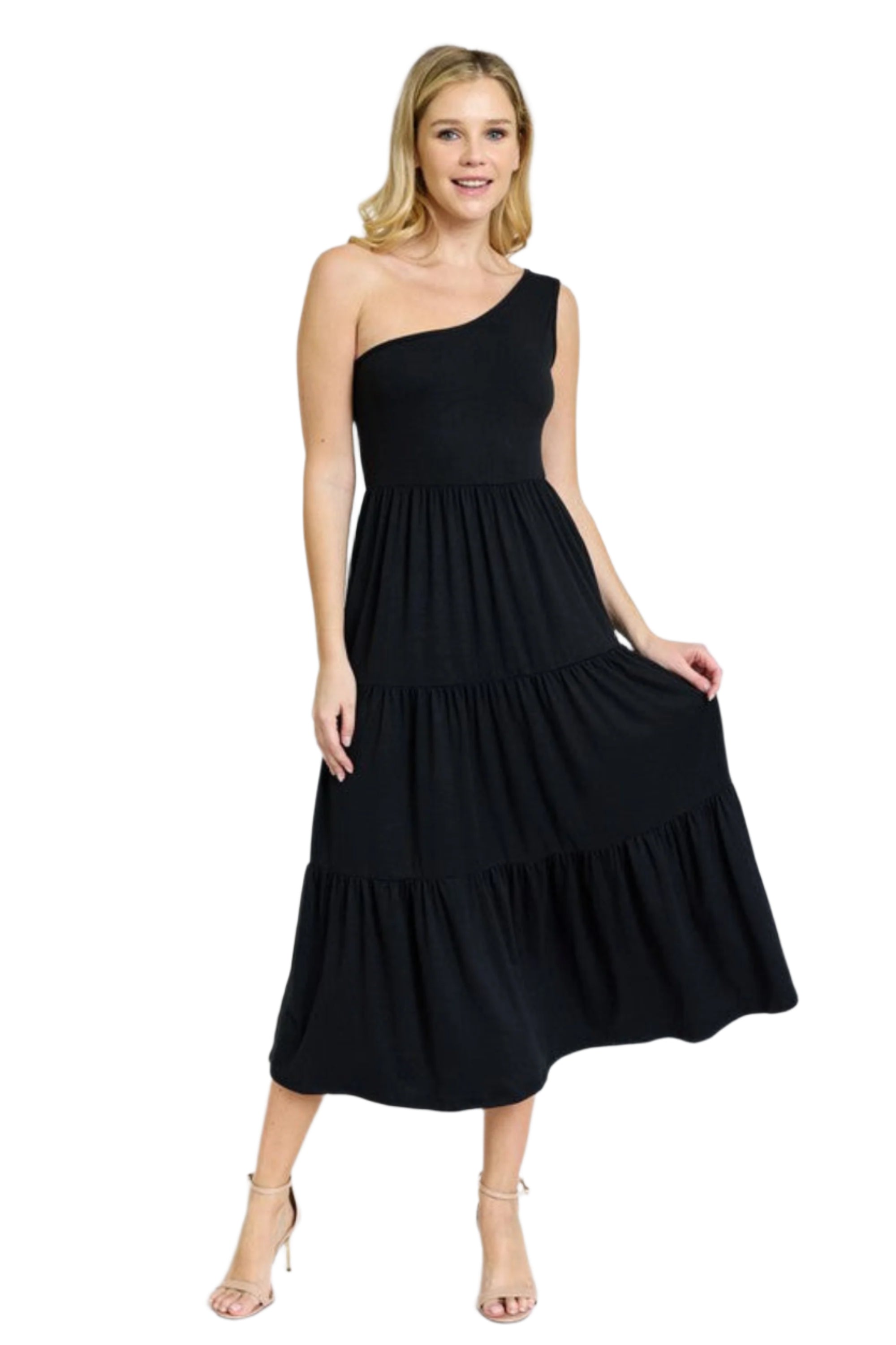 One Shoulder Ruffle Midi Dress