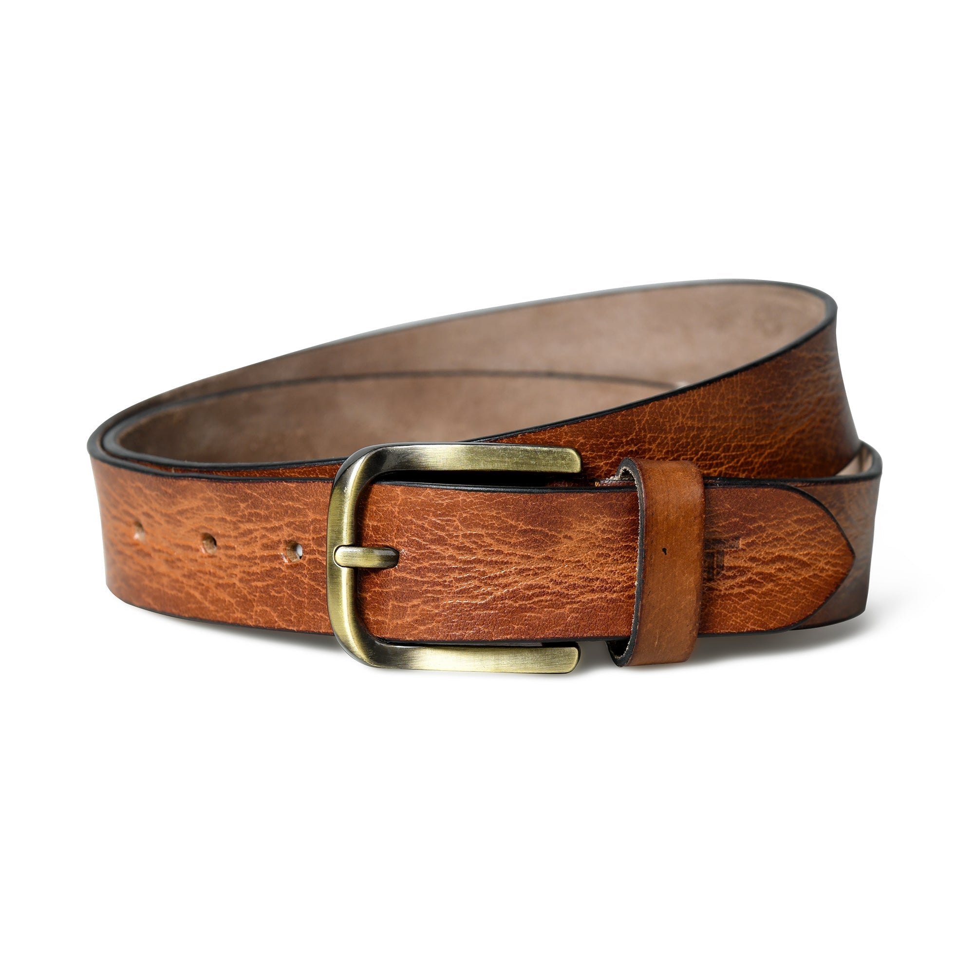 Brown leather belt with brass buckle on a white background