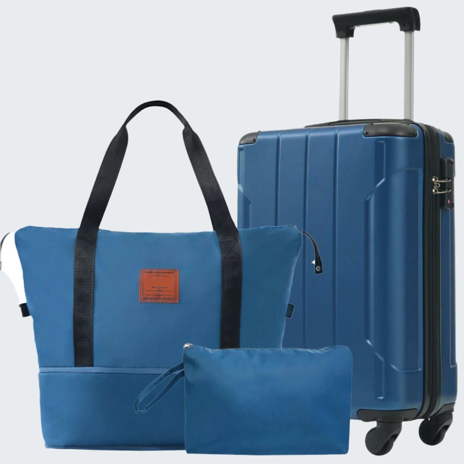 A set of blue luggage which includes a 20-inch carry-on suitcase, a travel duffel bag, and a toiletry bag, all matching in color and brand.