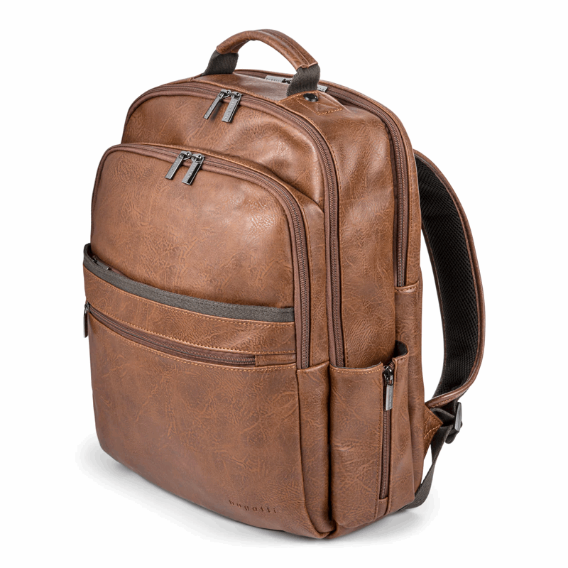 Brown leather backpack on a white background