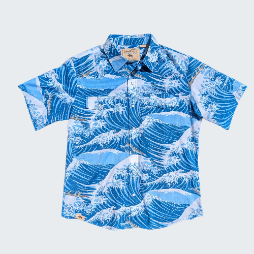 Blue wave patterned shirt on a white background