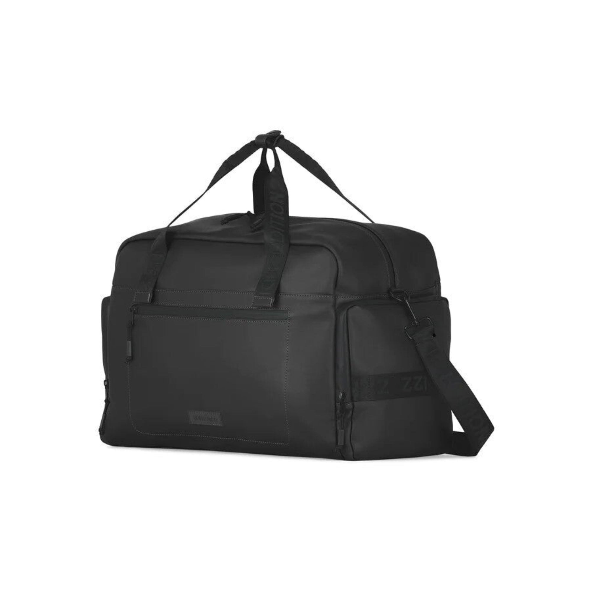 Black duffel bag with a shoulder strap on a white background