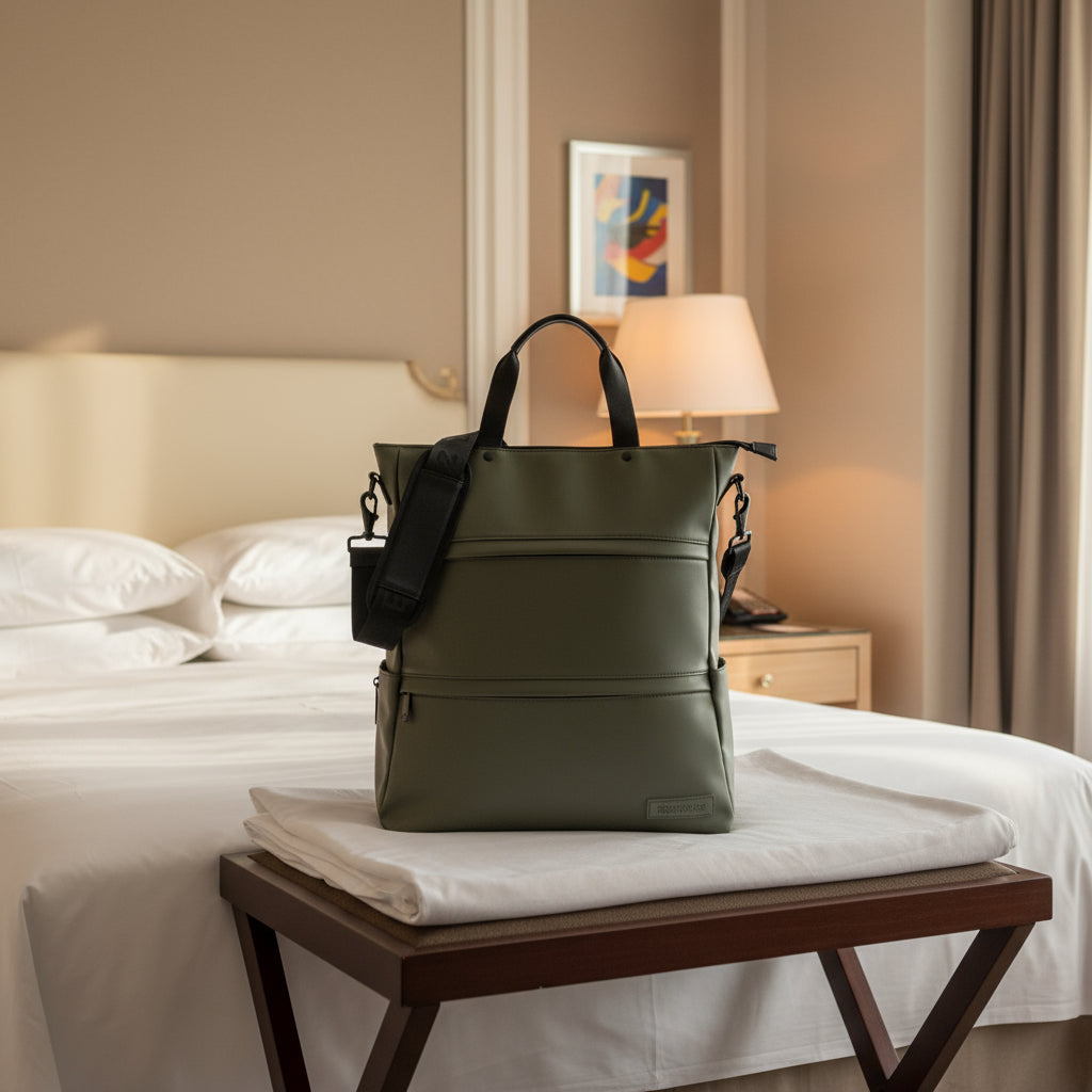 Green backpack with black straps on a white background