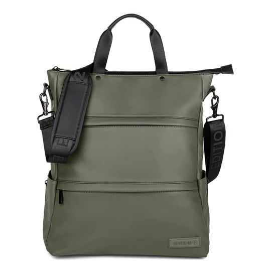 Green backpack with black straps on a white background