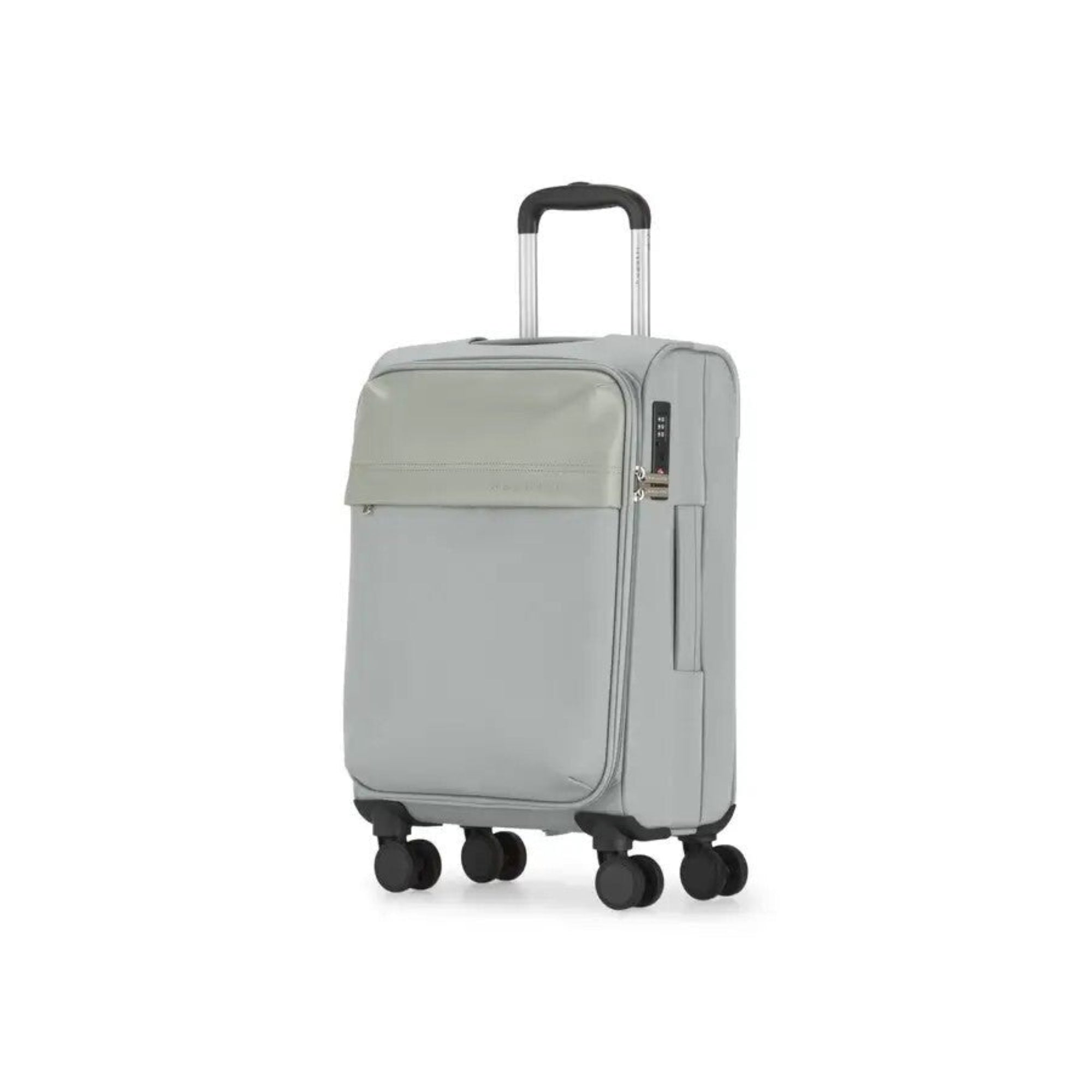Gray suitcase with wheels on a white background
