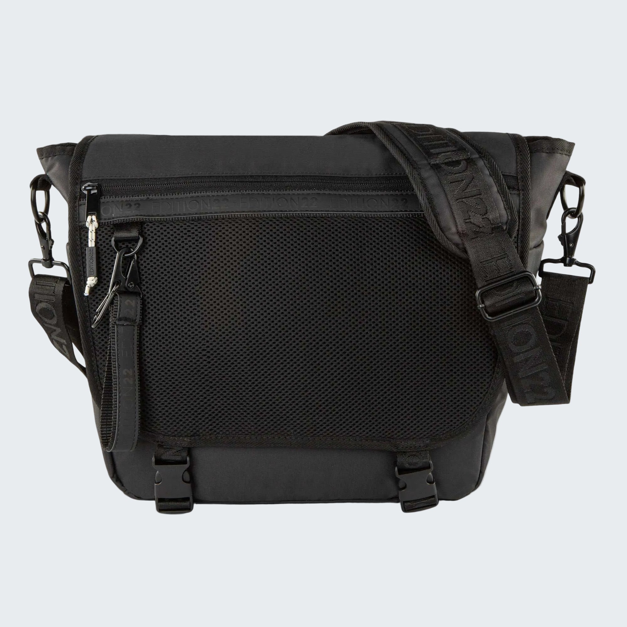 Black shoulder bag with multiple straps on a white background