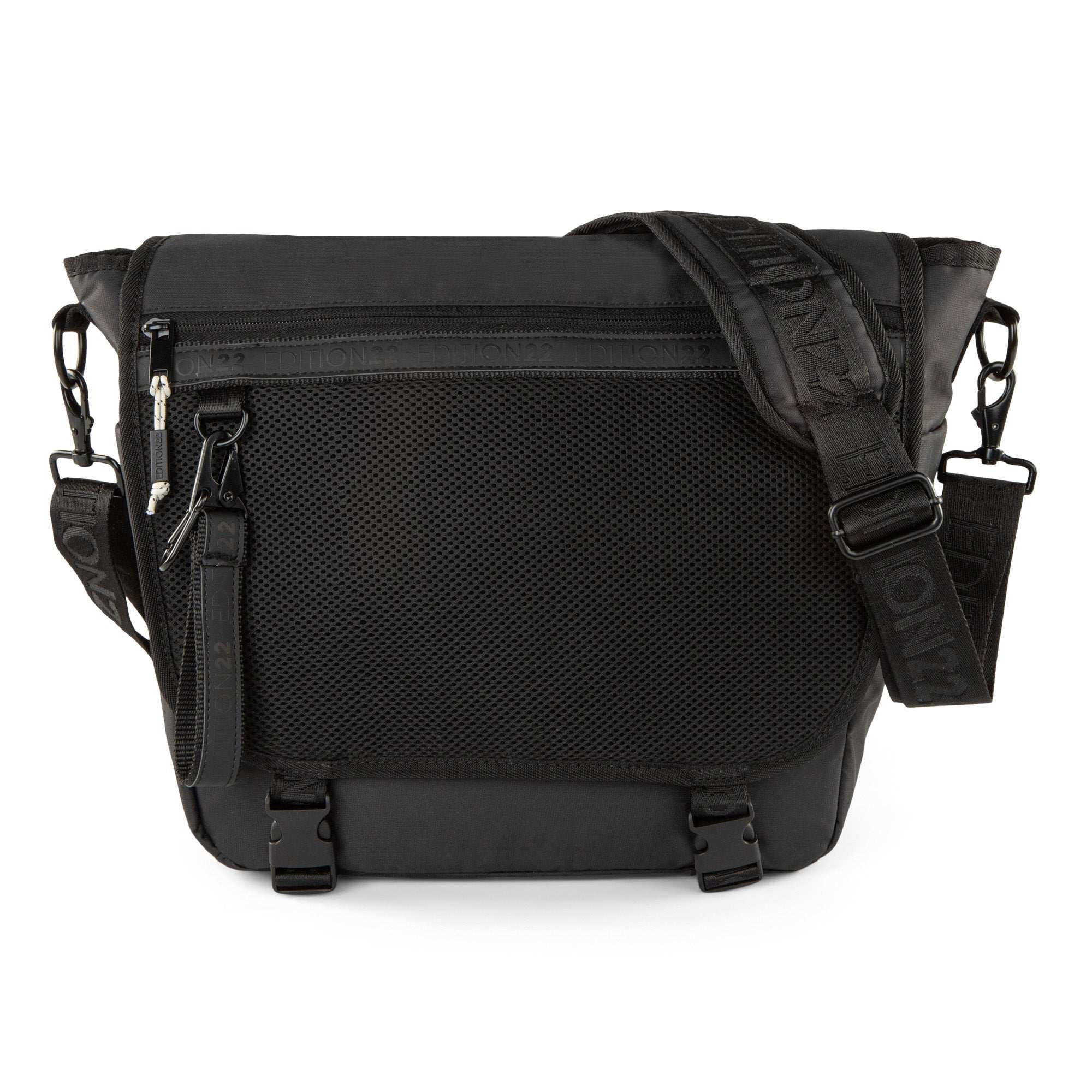 Black shoulder bag with multiple straps on a white background