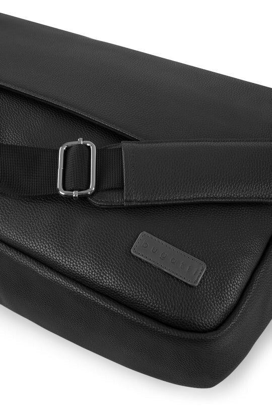 Black leather bag with a strap on a white background