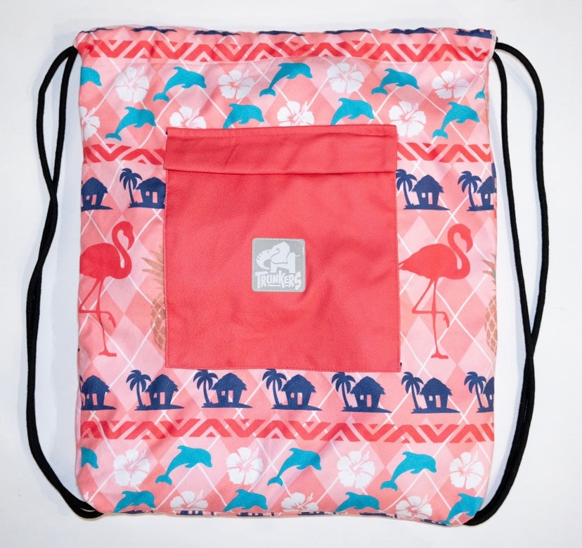 Drawstring bag with flamingo, dolphin, and palm tree pattern on a white background