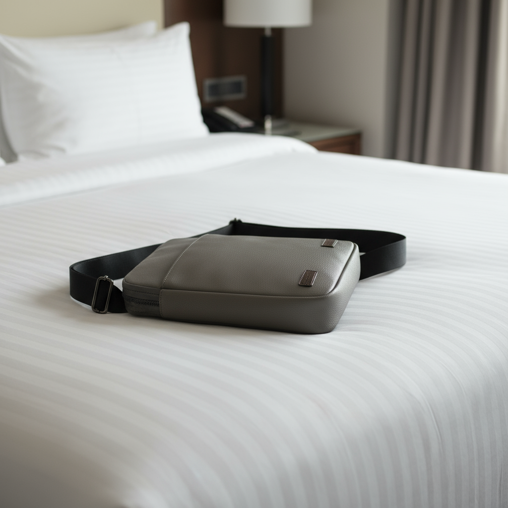 Gray shoulder bag with a black strap on a white background