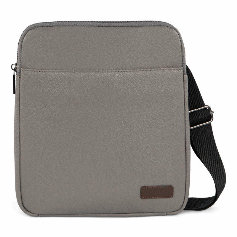 Gray shoulder bag with a black strap on a white background