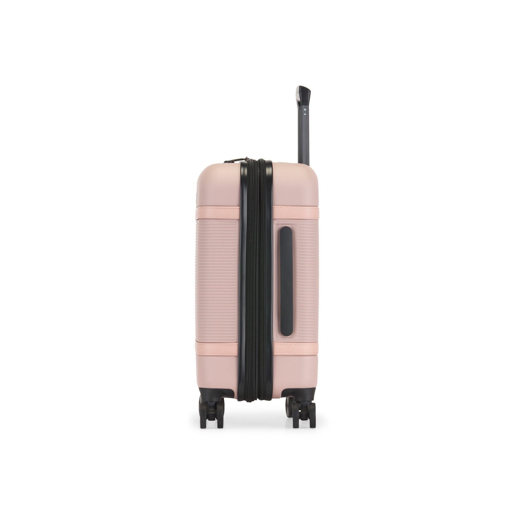 Pink suitcase with black handle and wheels on a white background
