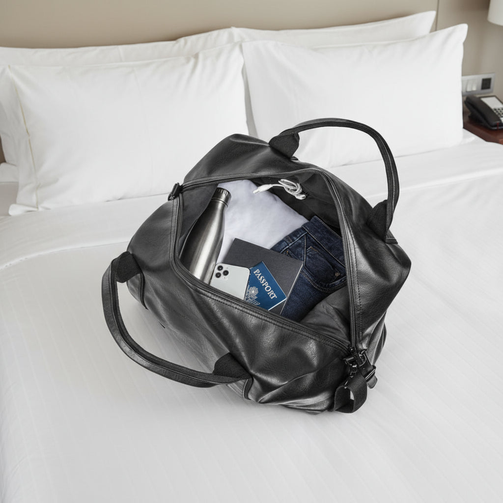 Black leather duffel bag with travel items including a water bottle, phone, and passport.