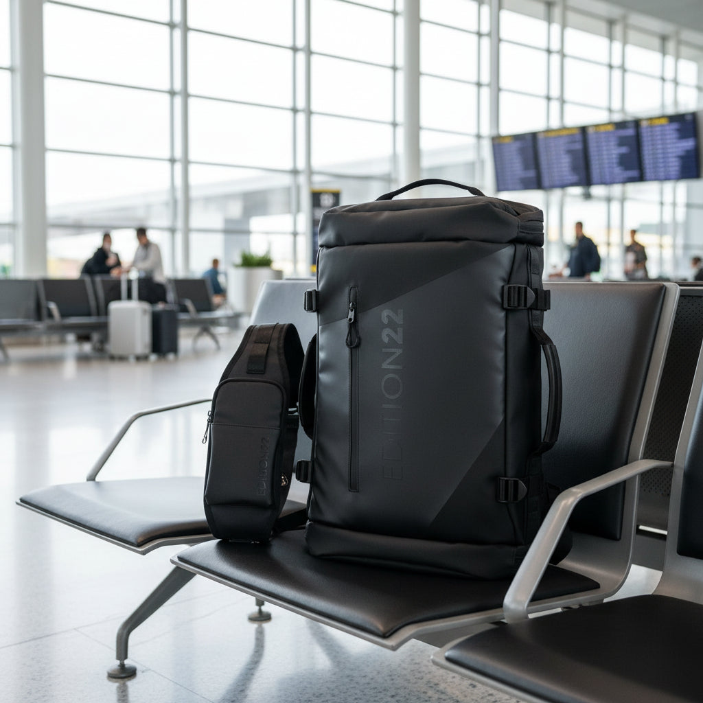 Black backpack and sling bag with 'EDC' branding on a white background
