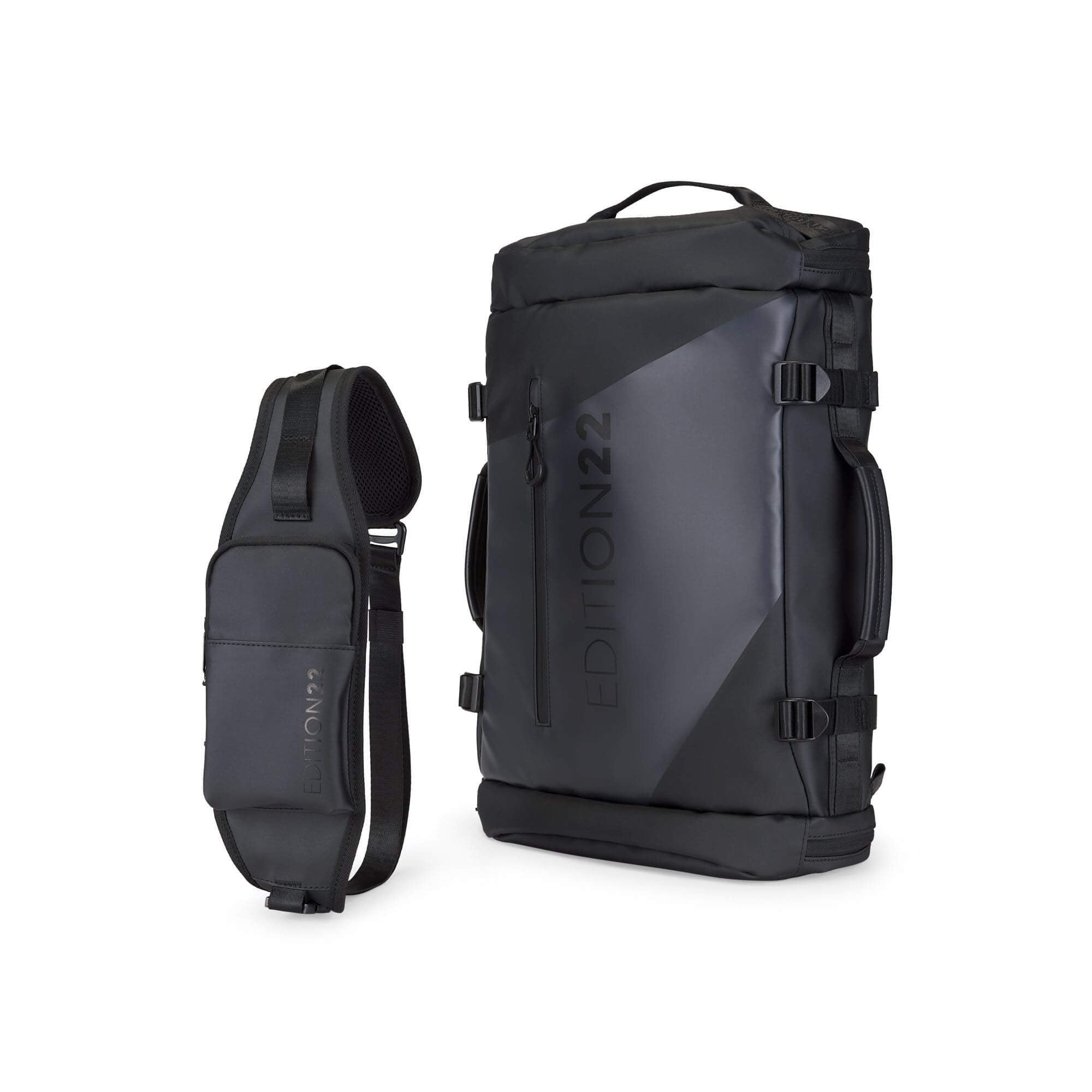 Black backpack and sling bag with 'EDC' branding on a white background