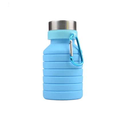 Collapsible blue water bottle with a silver clip on a white background