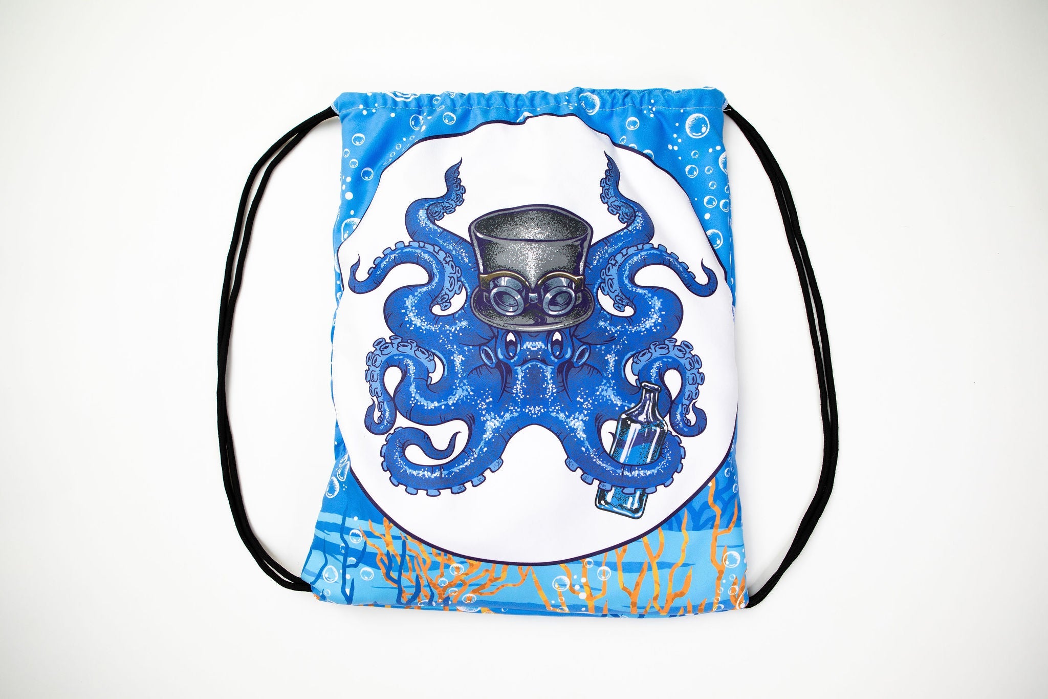 Drawstring bag with blue octopus design on a white background