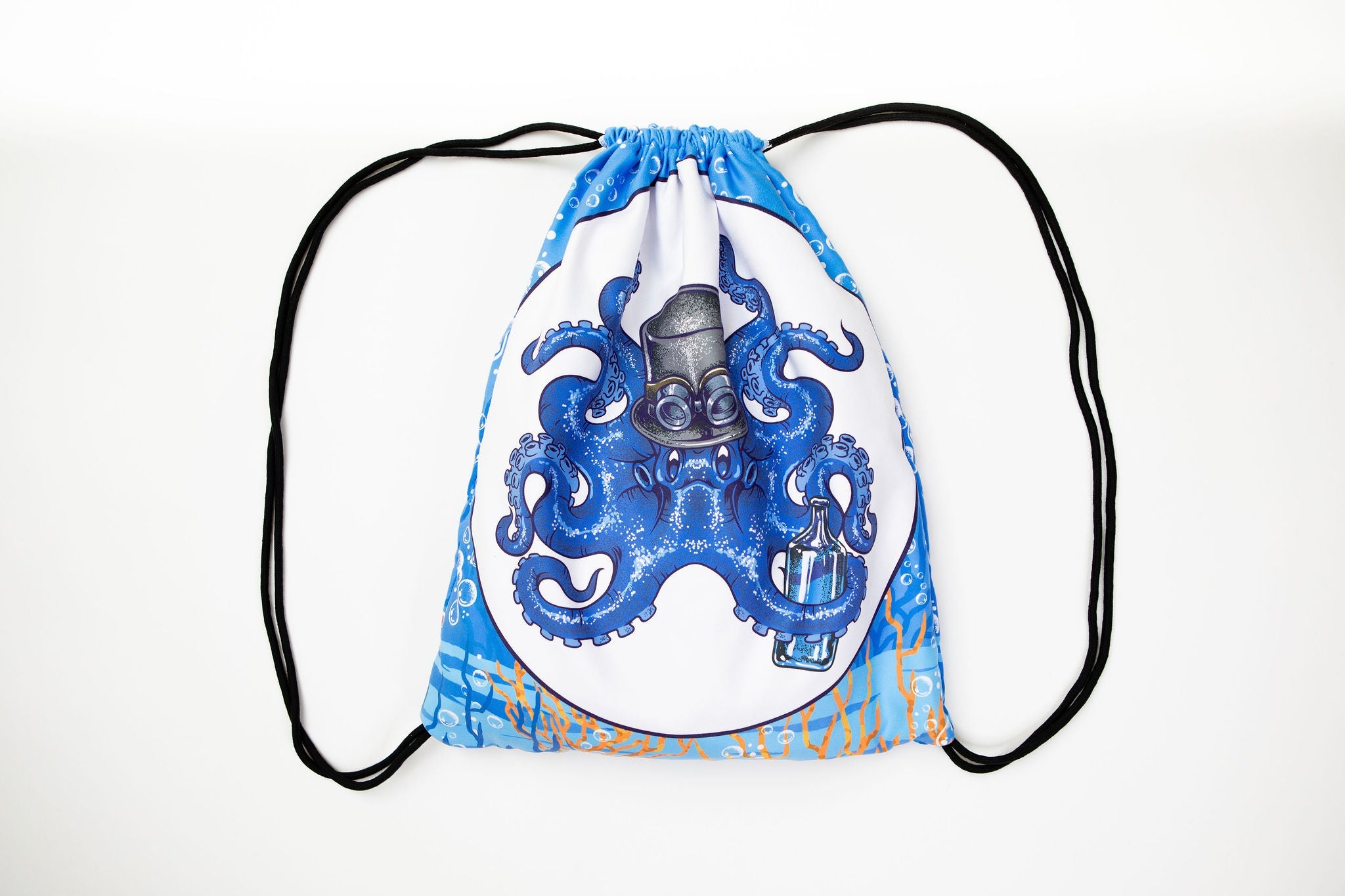 Drawstring bag with blue octopus design on a white background