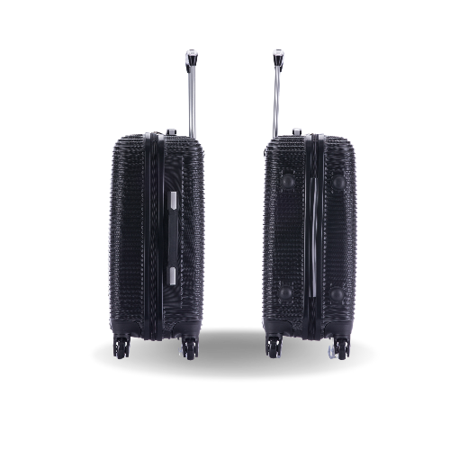 Two black ribbed suitcases with wheels on a white background