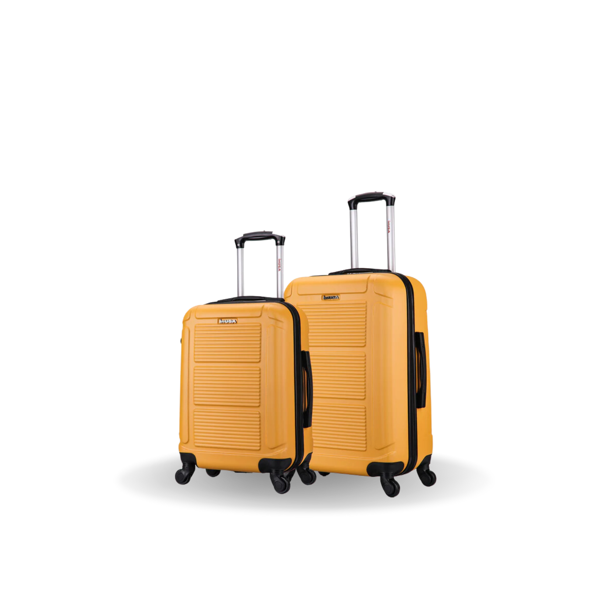 Two mustard yellow suitcases with black wheels on a white background
