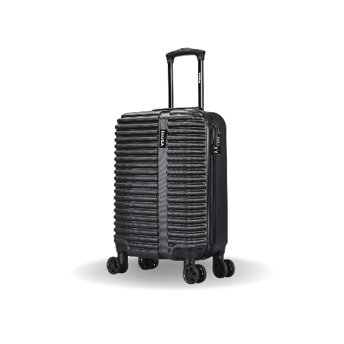Black suitcase with striped pattern on a white background