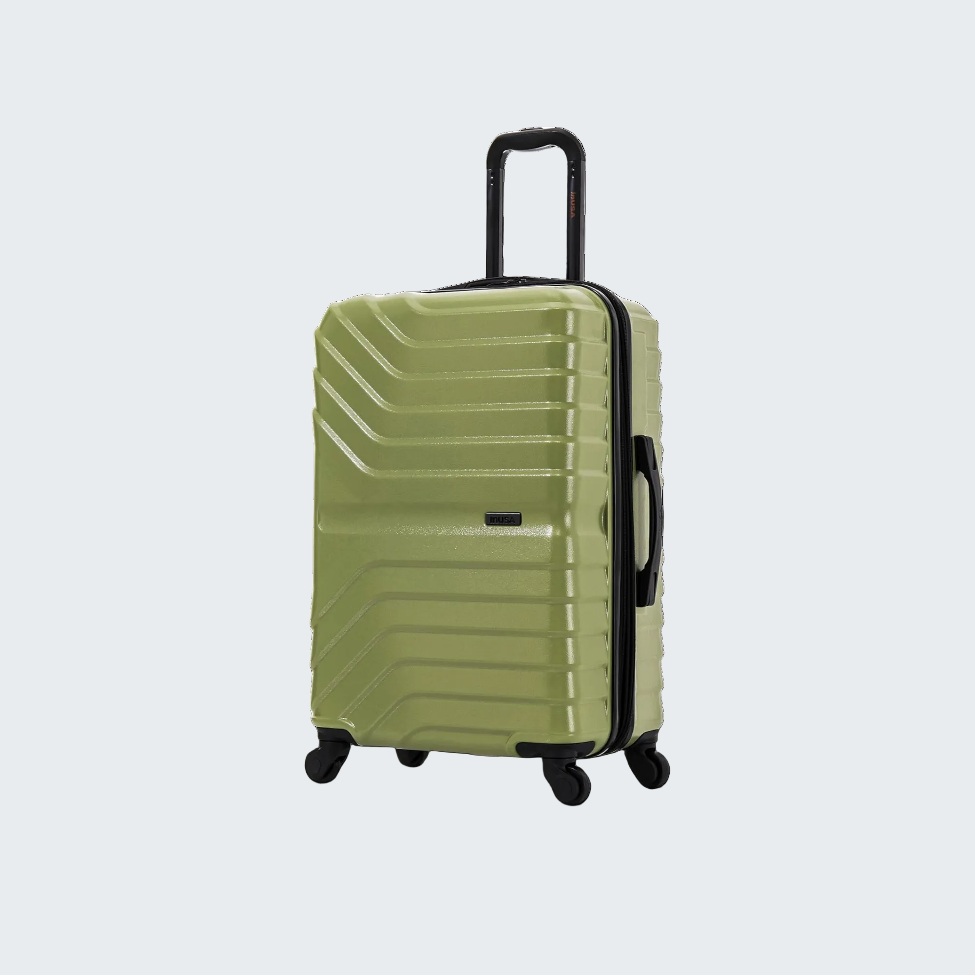Green suitcase with black handle and wheels on a white background