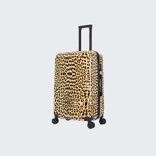 Leopard print suitcase on a white background