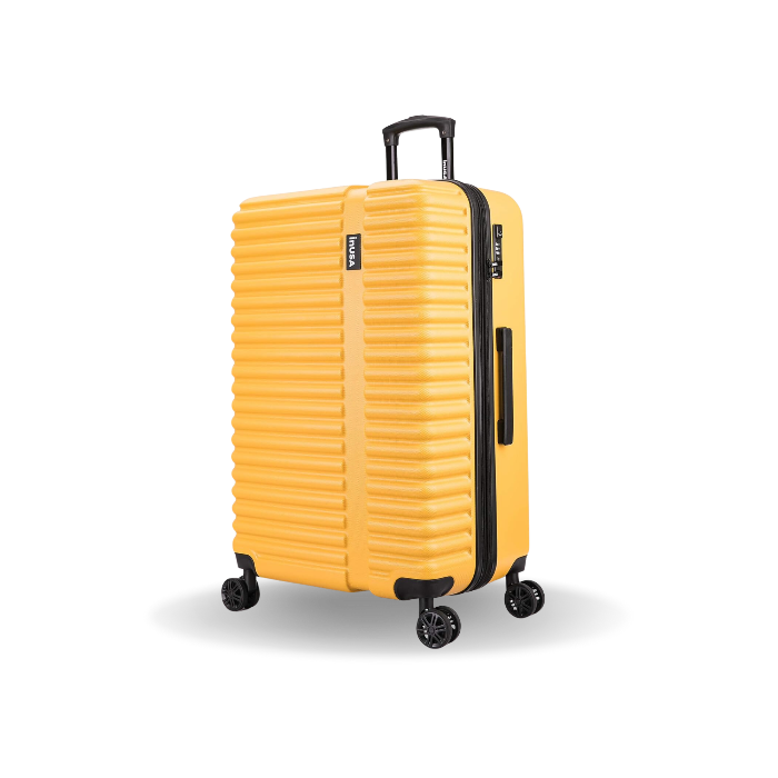 Yellow suitcase with black wheels and handle on a white background