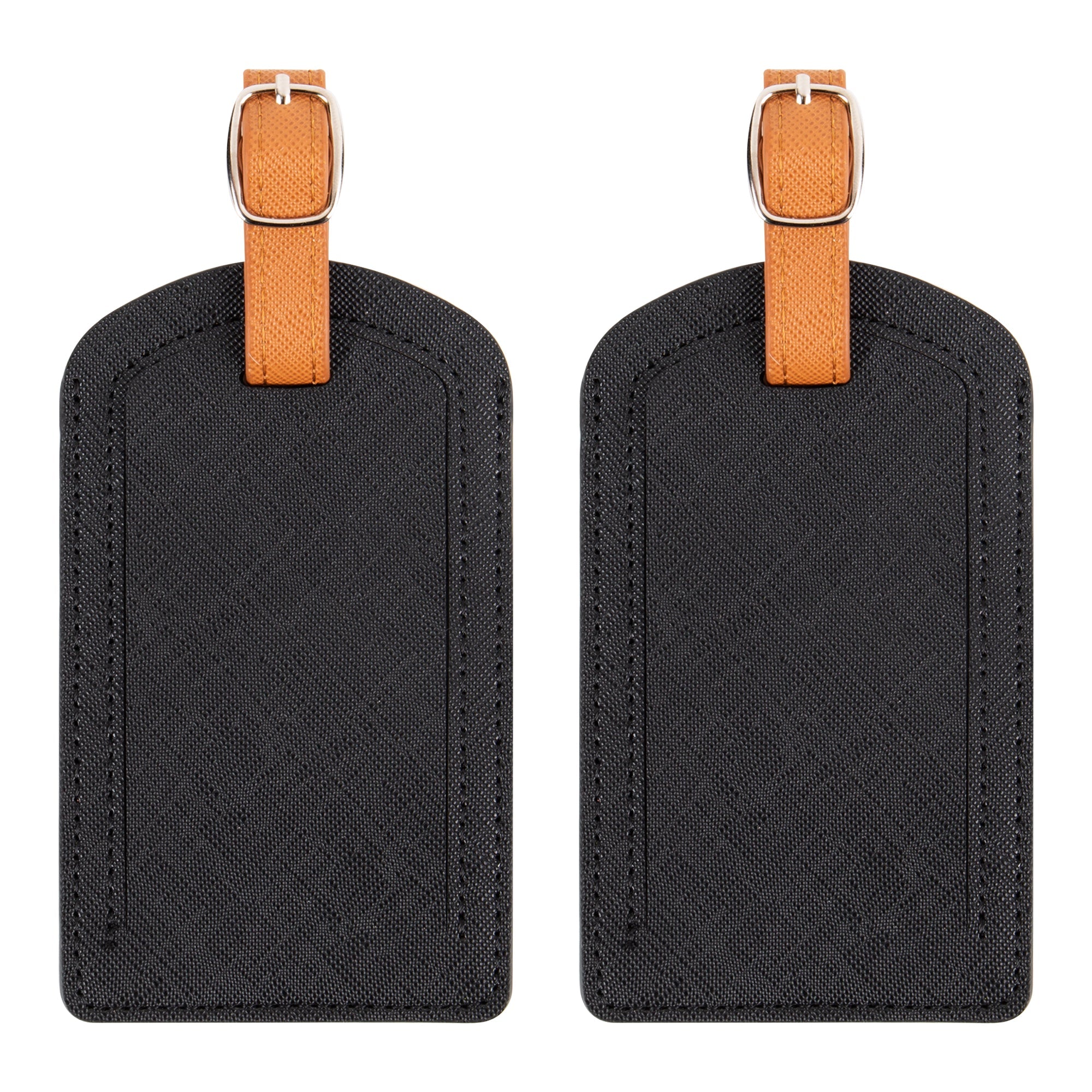 Two black luggage tags with orange straps on a white background