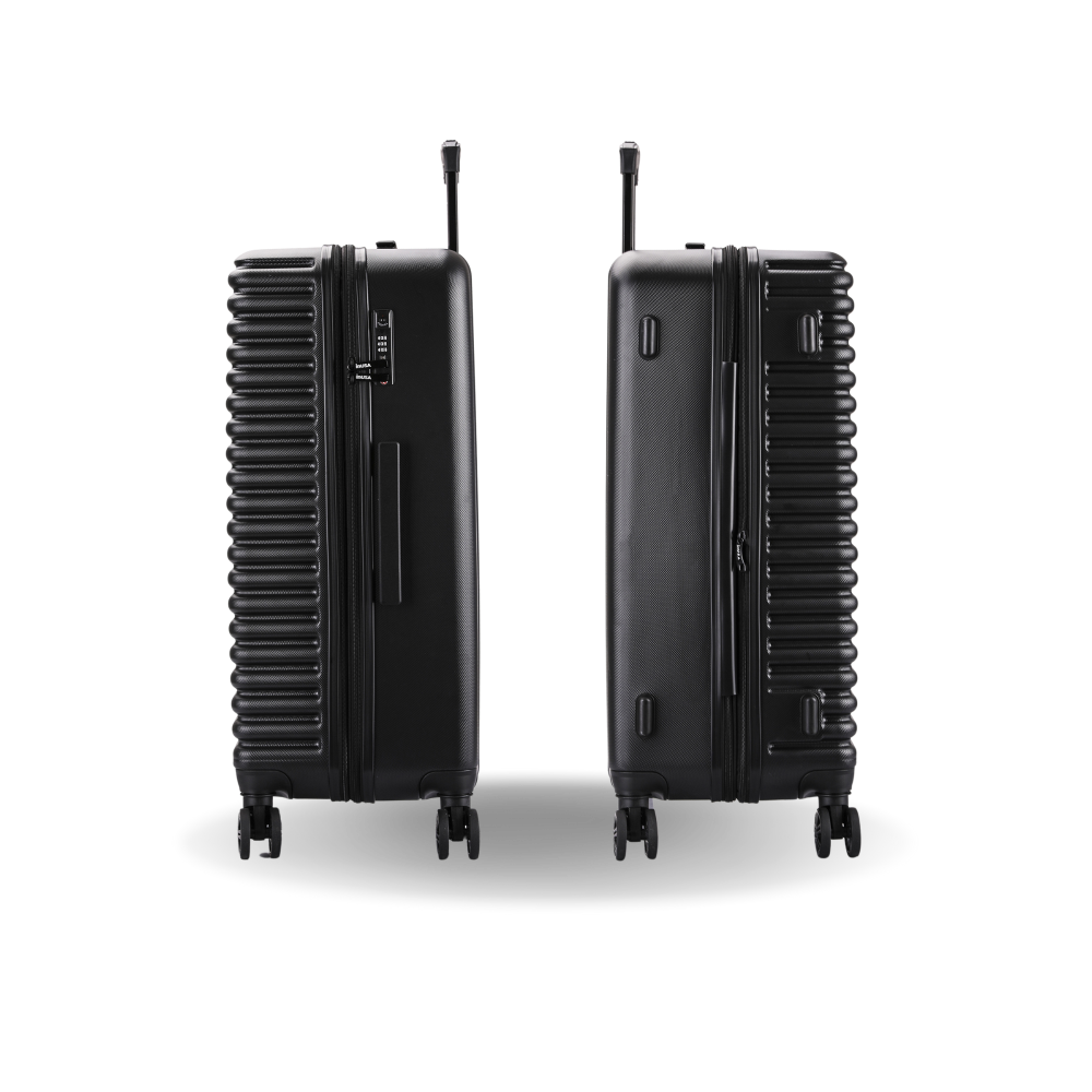 Two black suitcases side by side on a white background