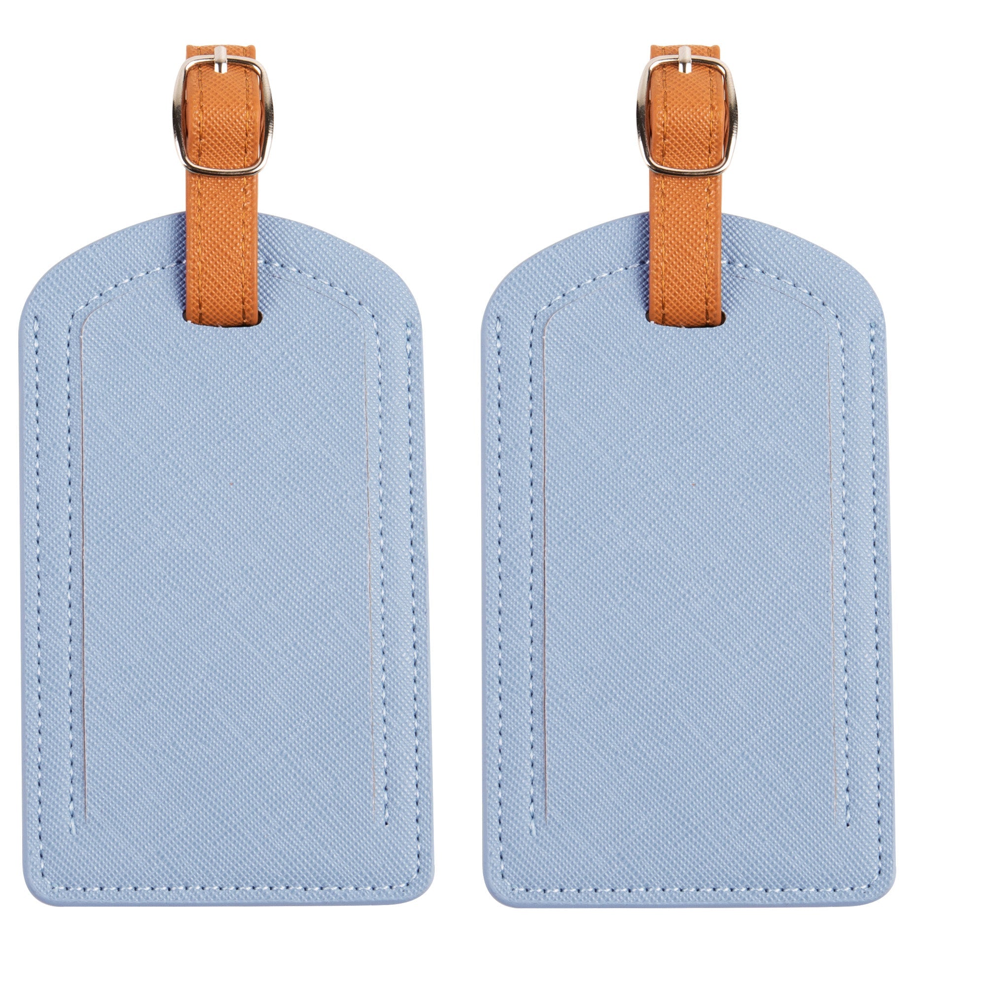 Two light blue luggage tags with brown straps on a white background