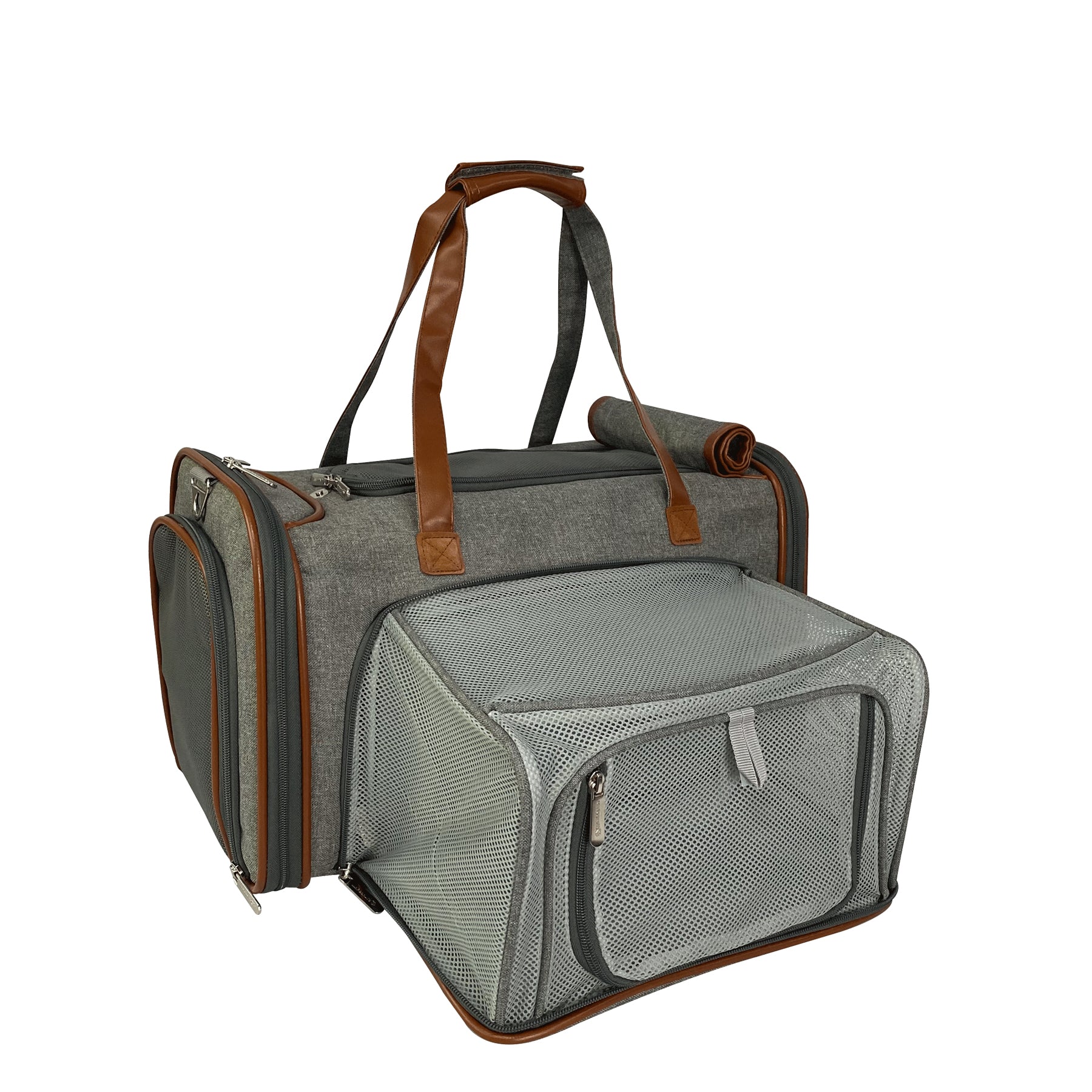 Pet carrier with mesh side and brown leather straps on a white background