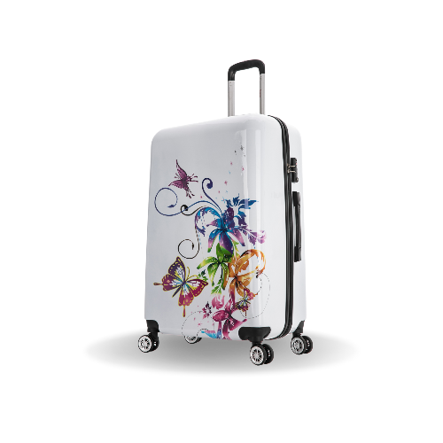 White suitcase with colorful butterfly design on a white background