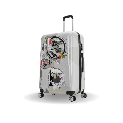 Clear suitcase with Italian city stickers on a white background