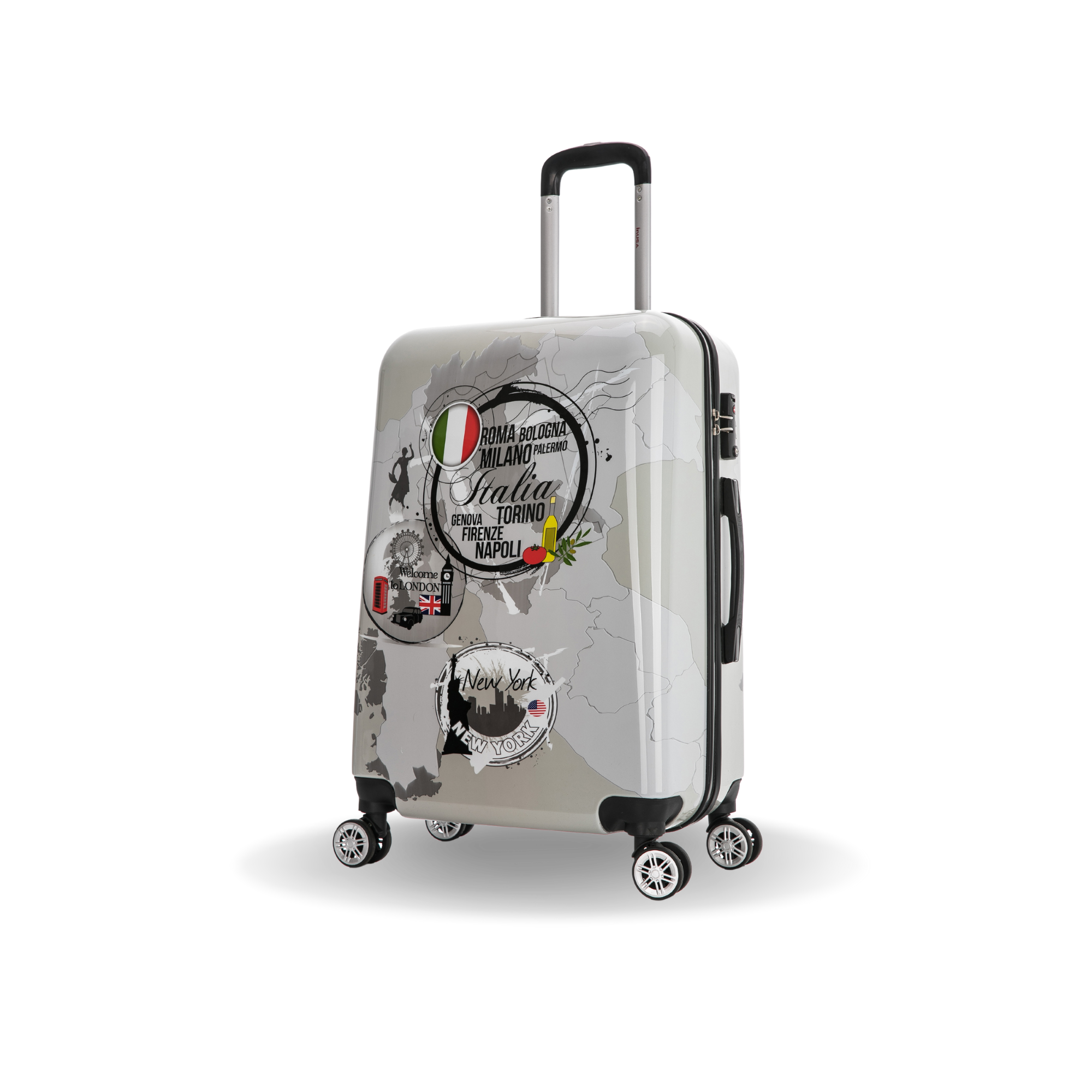 White suitcase with travel-themed graphics on a white background