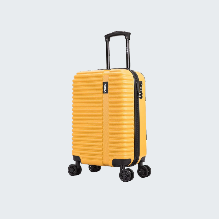 Yellow suitcase with black wheels and handle on a white background
