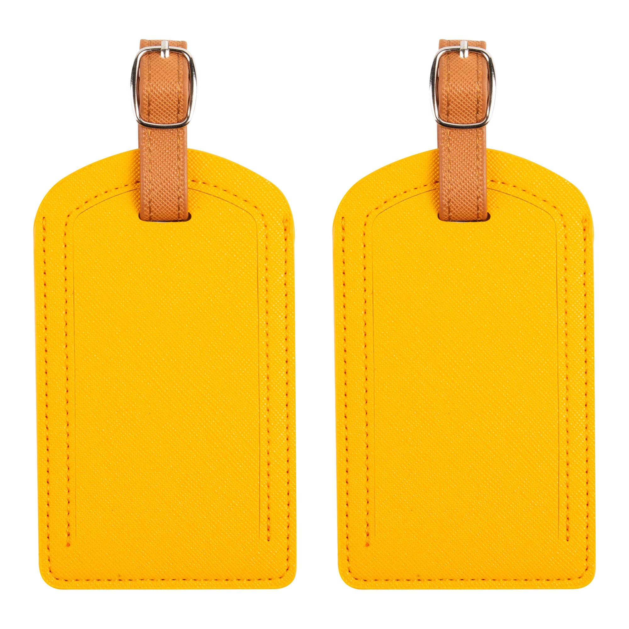Two yellow luggage tags with brown straps on a white background
